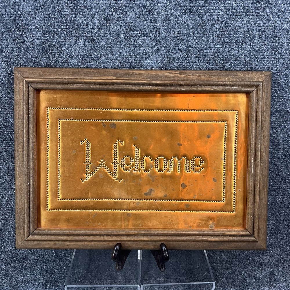 Vintage Copper Punched Metal Welcome Sign Wood Framed 14"x 10" Country Cabin